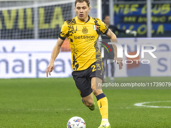 Nicolo Barella plays during the Serie A match between FC Internazionale and Venezia FC at Giuseppe Meazza Stadium in Milano, Italy, on Novem...