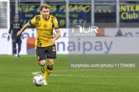 Nicolo Barella plays during the Serie A match between FC Internazionale and Venezia FC at Giuseppe Meazza Stadium in Milano, Italy, on Novem...