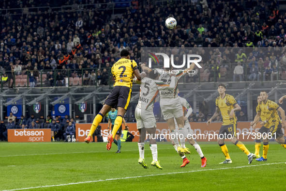 Denzel Dumfries plays during the Serie A match between FC Internazionale and Venezia FC at Giuseppe Meazza Stadium in Milano, Italy, on Nove...