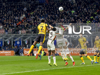 Denzel Dumfries plays during the Serie A match between FC Internazionale and Venezia FC at Giuseppe Meazza Stadium in Milano, Italy, on Nove...