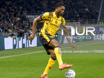 Denzel Dumfries plays during the Serie A match between FC Internazionale and Venezia FC at Giuseppe Meazza Stadium in Milano, Italy, on Nove...