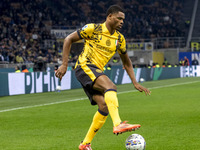 Denzel Dumfries plays during the Serie A match between FC Internazionale and Venezia FC at Giuseppe Meazza Stadium in Milano, Italy, on Nove...