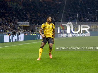 Denzel Dumfries plays during the Serie A match between FC Internazionale and Venezia FC at Giuseppe Meazza Stadium in Milano, Italy, on Nove...