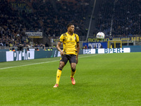 Denzel Dumfries plays during the Serie A match between FC Internazionale and Venezia FC at Giuseppe Meazza Stadium in Milano, Italy, on Nove...