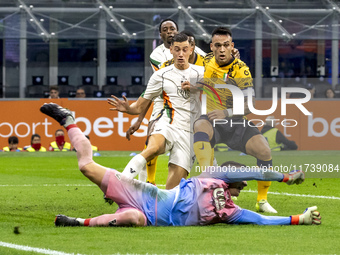 Filip Stankovic and Lautaro Martinez are in action during the Serie A match between FC Internazionale and Venezia FC at Giuseppe Meazza Stad...