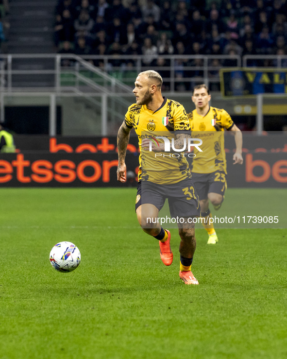 Federico Dimarco plays during the Serie A match between FC Internazionale and Venezia FC at Giuseppe Meazza Stadium in Milano, Italy, on Nov...