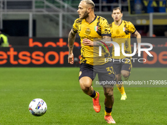 Federico Dimarco plays during the Serie A match between FC Internazionale and Venezia FC at Giuseppe Meazza Stadium in Milano, Italy, on Nov...