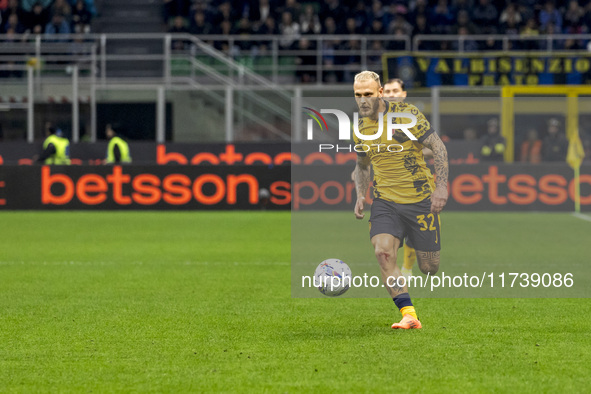 Federico Dimarco plays during the Serie A match between FC Internazionale and Venezia FC at Giuseppe Meazza Stadium in Milano, Italy, on Nov...