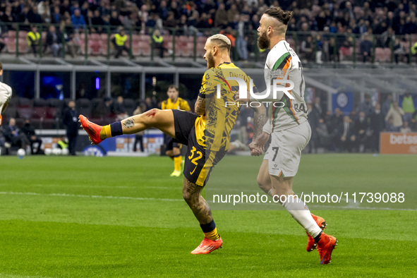 Federico Dimarco plays during the Serie A match between FC Internazionale and Venezia FC at Giuseppe Meazza Stadium in Milano, Italy, on Nov...