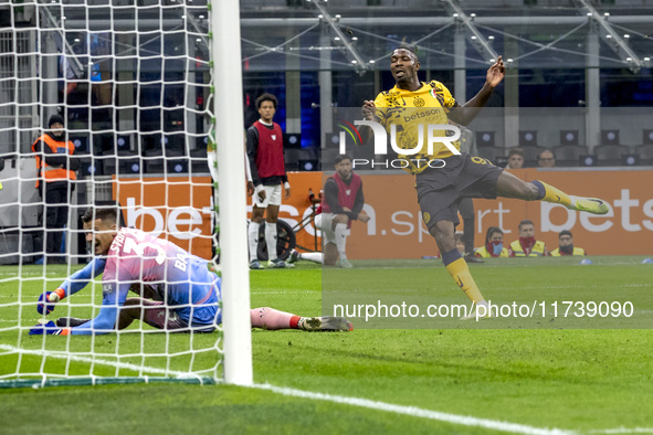 Marcus Thuram plays during the Serie A match between FC Internazionale and Venezia FC at Giuseppe Meazza Stadium in Milano, Italy, on Novemb...