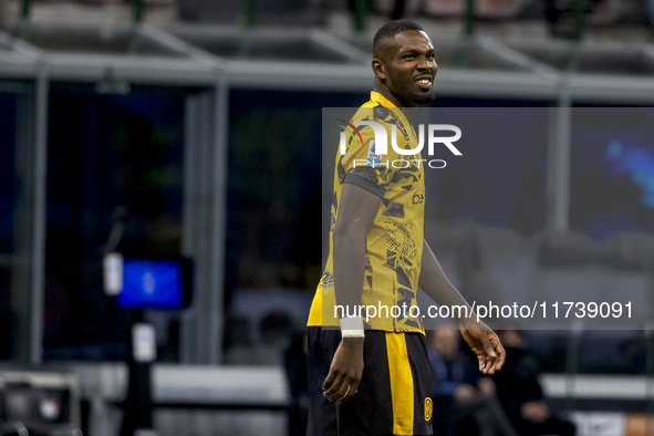 Marcus Thuram plays during the Serie A match between FC Internazionale and Venezia FC at Giuseppe Meazza Stadium in Milano, Italy, on Novemb...