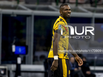 Marcus Thuram plays during the Serie A match between FC Internazionale and Venezia FC at Giuseppe Meazza Stadium in Milano, Italy, on Novemb...