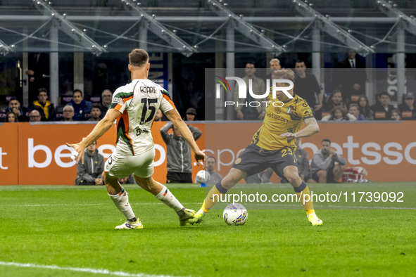 Nicolo Barella plays during the Serie A match between FC Internazionale and Venezia FC at Giuseppe Meazza Stadium in Milano, Italy, on Novem...