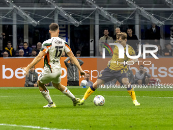 Nicolo Barella plays during the Serie A match between FC Internazionale and Venezia FC at Giuseppe Meazza Stadium in Milano, Italy, on Novem...