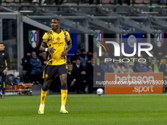 Marcus Thuram plays during the Serie A match between FC Internazionale and Venezia FC at Giuseppe Meazza Stadium in Milano, Italy, on Novemb...