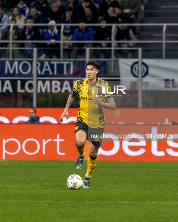 Alessandro Bastoni plays during the Serie A match between FC Internazionale and Venezia FC at Giuseppe Meazza Stadium in Milano, Italy, on N...