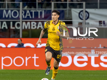 Alessandro Bastoni plays during the Serie A match between FC Internazionale and Venezia FC at Giuseppe Meazza Stadium in Milano, Italy, on N...