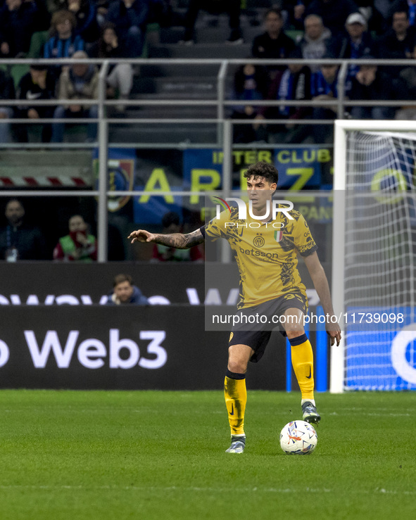 Alessandro Bastoni plays during the Serie A match between FC Internazionale and Venezia FC at Giuseppe Meazza Stadium in Milano, Italy, on N...