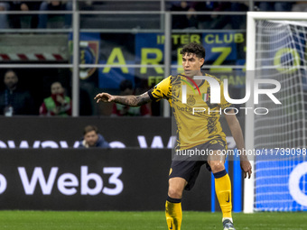 Alessandro Bastoni plays during the Serie A match between FC Internazionale and Venezia FC at Giuseppe Meazza Stadium in Milano, Italy, on N...