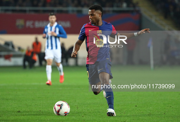 Ansu Fati plays during the match between FC Barcelona and RCD Espanyol, corresponding to week 12 of LaLiga EA Sports, at the Lluis Companys...