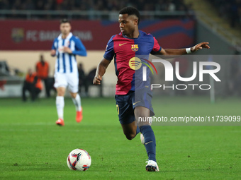 Ansu Fati plays during the match between FC Barcelona and RCD Espanyol, corresponding to week 12 of LaLiga EA Sports, at the Lluis Companys...