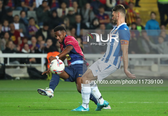 Ansu Fati and Sergi Gomez play during the match between FC Barcelona and RCD Espanyol, corresponding to week 12 of LaLiga EA Sports, at the...