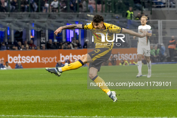 Alessandro Bastoni plays during the Serie A match between FC Internazionale and Venezia FC at Giuseppe Meazza Stadium in Milano, Italy, on N...