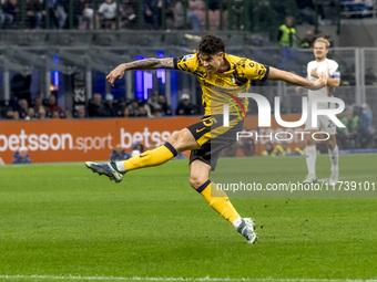 Alessandro Bastoni plays during the Serie A match between FC Internazionale and Venezia FC at Giuseppe Meazza Stadium in Milano, Italy, on N...