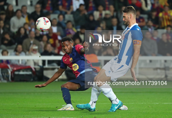 Ansu Fati and Sergi Gomez play during the match between FC Barcelona and RCD Espanyol, corresponding to week 12 of LaLiga EA Sports, at the...