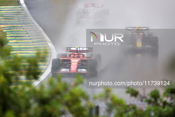 Carlos Sainz Jr. of Spain drives the (55) Scuderia Ferrari SF-24 Ferrari during the Formula 1 Lenovo Grande Premio De Sao Paulo 2024 in Sao...