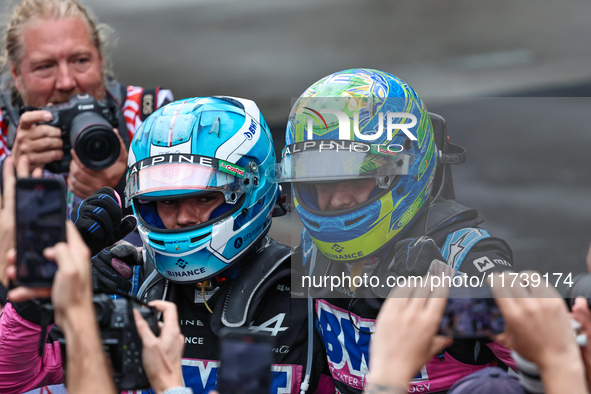 Pierre Gasly and Esteban Ocon finish on the podium during the Formula 1 Lenovo Grande Premio De Sao Paulo 2024 in Sao Paulo, Brazil, on Nove...