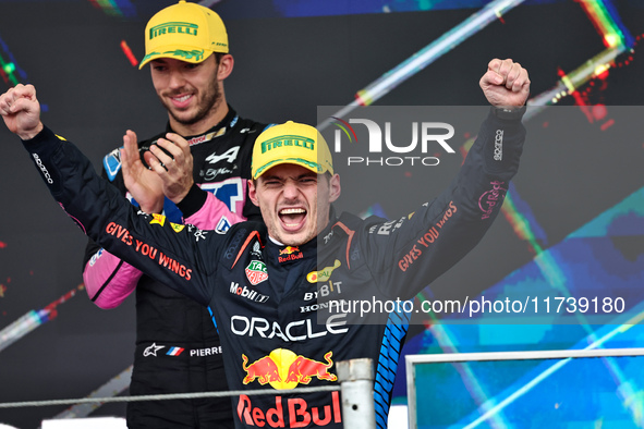 Max Verstappen of the Netherlands, winner of the race, drives the Oracle Red Bull Racing RB20 Honda RBPT during the Formula 1 Lenovo Grande...