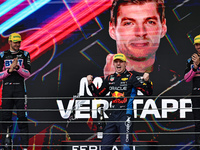 Max Verstappen of the Netherlands drives the Oracle Red Bull Racing RB20 Honda RBPT and wins the race on the podium during the Formula 1 Len...