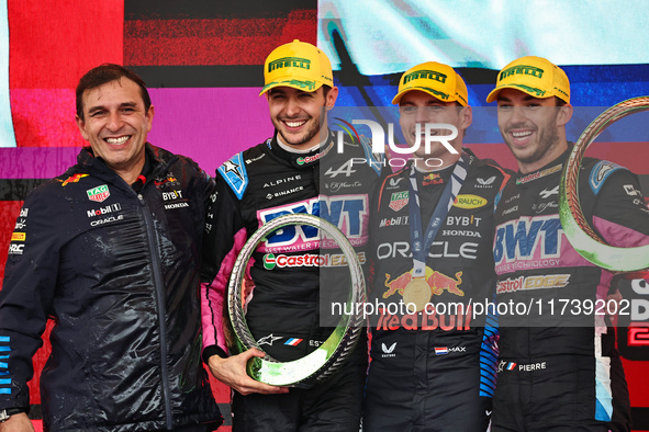 Pierre Wache, Esteban Ocon, Max Verstappen, and Pierre Gasly are present during the Formula 1 Lenovo Grande Premio De Sao Paulo 2024 in Sao...