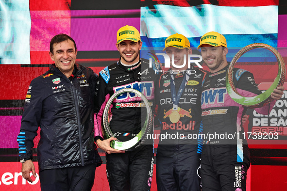 Pierre Wache, Esteban Ocon, Max Verstappen, and Pierre Gasly are present during the Formula 1 Lenovo Grande Premio De Sao Paulo 2024 in Sao...