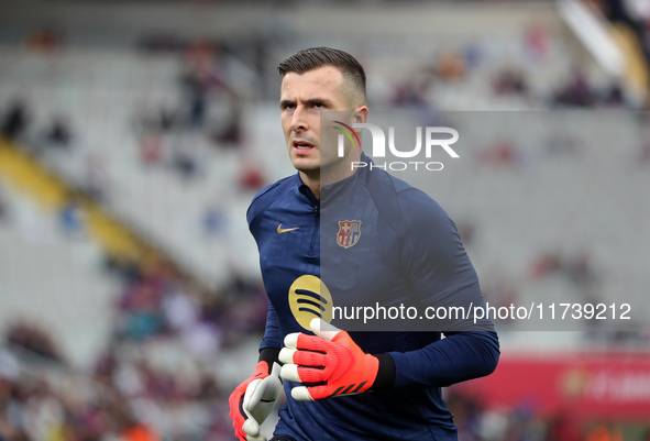 Inaki Pena plays during the match between FC Barcelona and RCD Espanyol, corresponding to week 12 of LaLiga EA Sports, at the Lluis Companys...