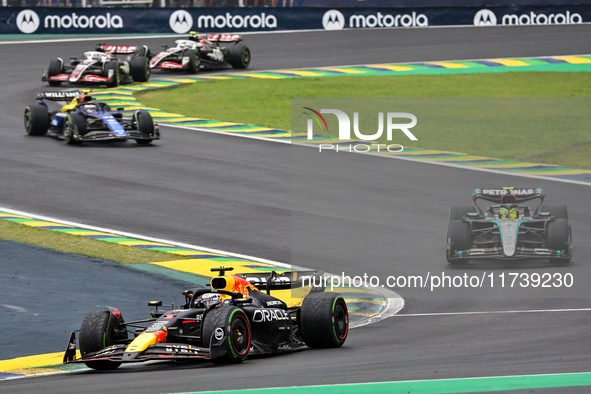 In Sao Paulo, Brazil, on November 3, 2024, a driver from the Netherlands drives the Oracle Red Bull Racing RB20 Honda RBPT during the Formul...