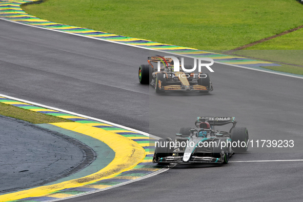 George Russell of the UK drives the (63) Mercedes-AMG Petronas F1 Team F1 W15 E Performance Mercedes during the Formula 1 Lenovo Grande Prem...