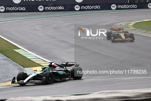 George Russell of the UK drives the (63) Mercedes-AMG Petronas F1 Team F1 W15 E Performance Mercedes during the Formula 1 Lenovo Grande Prem...