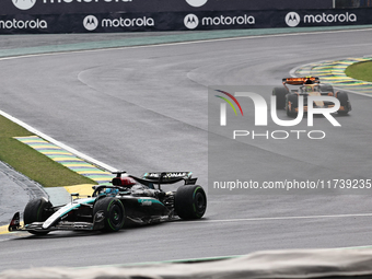 George Russell of the UK drives the (63) Mercedes-AMG Petronas F1 Team F1 W15 E Performance Mercedes during the Formula 1 Lenovo Grande Prem...