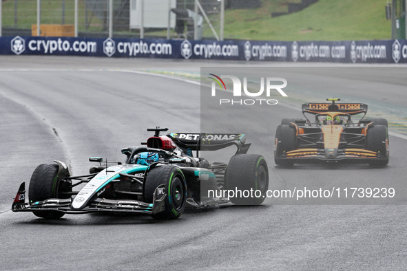 George Russell of the UK drives the (63) Mercedes-AMG Petronas F1 Team F1 W15 E Performance Mercedes during the Formula 1 Lenovo Grande Prem...