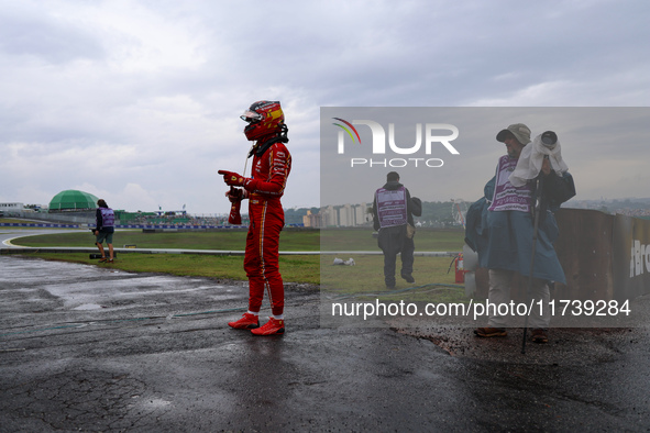 Carlos Sainz Jr. of Spain drives the (55) Scuderia Ferrari SF-24 Ferrari and retires during the Formula 1 Lenovo Grande Premio De Sao Paulo...