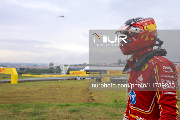 Carlos Sainz Jr. of Spain drives the (55) Scuderia Ferrari SF-24 Ferrari and retires during the Formula 1 Lenovo Grande Premio De Sao Paulo...