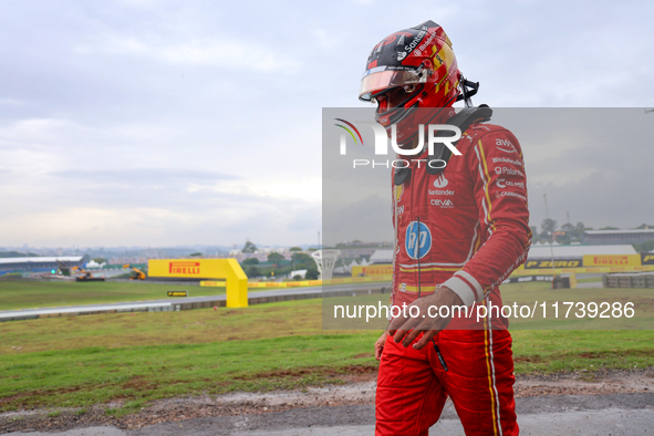 Carlos Sainz Jr. of Spain drives the (55) Scuderia Ferrari SF-24 Ferrari and retires during the Formula 1 Lenovo Grande Premio De Sao Paulo...