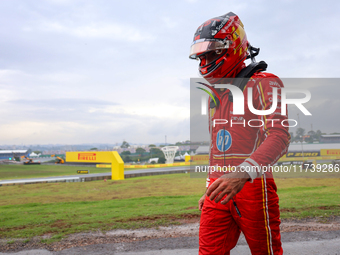 Carlos Sainz Jr. of Spain drives the (55) Scuderia Ferrari SF-24 Ferrari and retires during the Formula 1 Lenovo Grande Premio De Sao Paulo...