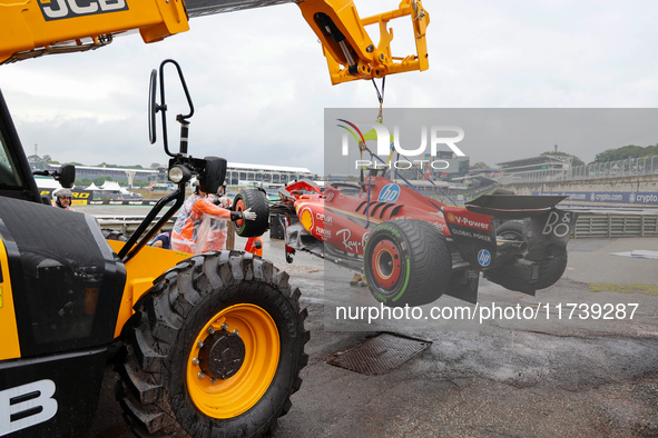 Carlos Sainz Jr. of Spain drives the (55) Scuderia Ferrari SF-24 Ferrari and retires during the Formula 1 Lenovo Grande Premio De Sao Paulo...