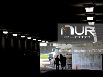 A thoroughbred racehorse is led through the tunnel under the EP Taylor turf course to the paddock before the first race at Woodbine Racetrac...