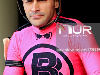 Jockey Sahin Civaci rides out of the paddock before the first race at Woodbine Racetrack in Toronto, Canada, on November 3, 2024. (