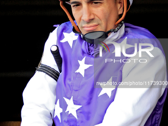 Jockey Rafael Hernandez rides out of the paddock before the first race at Woodbine Racetrack in Toronto, Canada, on November 3, 2024. (