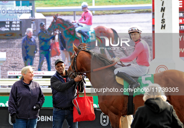 Jockey Sahin Civaci rides War of Destiny and has winner photos taken after a win in the first race at Woodbine Racetrack in Toronto, Canada,...